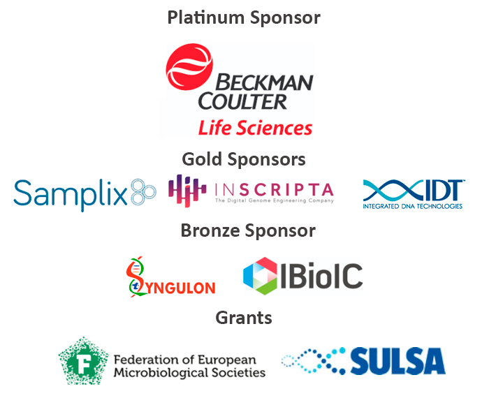 asbe 5 sponsors: platinum sponsor: Beckman Coulter life sciences, gold sponsor: samplix, bronze sponsor: syngulon, ibioic, grants: federation of european microbiological societies, sulsa 