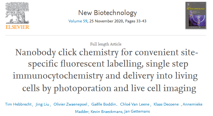 EFB Journal  - Nanobody click chemistry for convenient site-specific fluorescent labelling, single step immunocytochemistry and delivery into living cells by photoporation and live cell imaging.