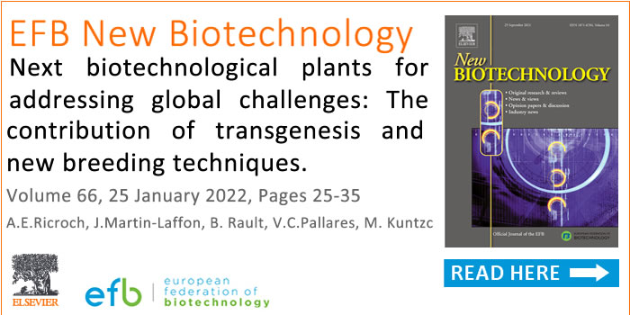 EFB New Biotechnology would like to recommend the article: Next biotechnological plants for addressing global challenges: The contribution of transgenesis and new breeding techniques